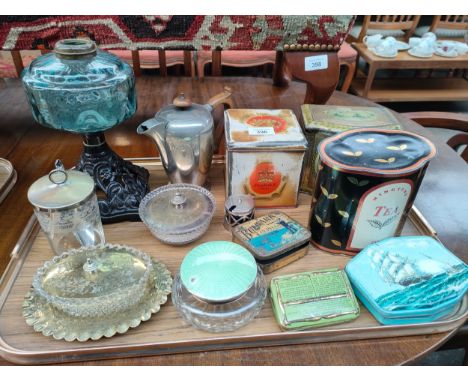 A Tray of collectables includes Victorian oil lamp base, vintage tins etc 