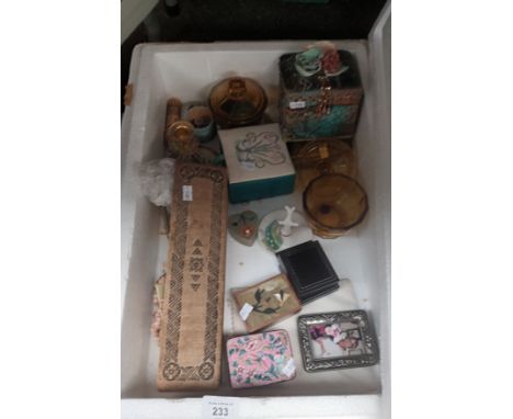 Box of interesting collectables includes vintage pill boxes , small photo frame, glass ware dressing table items etc 