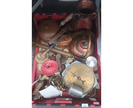 A Box of Antique items to include old school bell, Vintage salter scales antique metal wares etc 