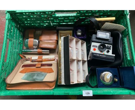 A Box of collectables to include polaroid camera, vintage travel grooming kit, Dalvey hip flask, glass wares etc 