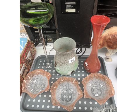 A Collection of Glass to includes 3 Vasart glass bowls, Scottish glass vase with light green background with swirl  pattern, 
