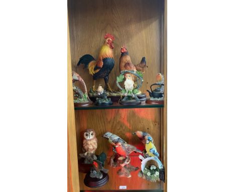 3 Shelves of bird figures to include regency fine art bird figure, The Leonardo collection cockerel study, spode limited edit