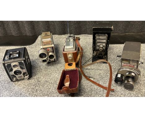 Five vintage cine cameras and cameras. Includes Bilora Bonita 66, Brownie Turret 8mm, Agfa Movex 88, Holiday Meter Matic and 