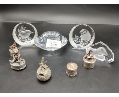 2 Bird scene paperweights, Royal Copenhagen tea light together with selection of various novelty small pill boxes 