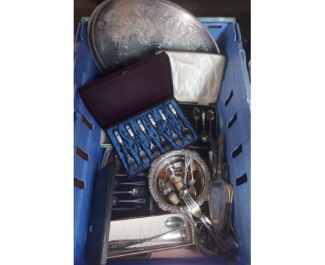 Box of Silver plated wares includes boxed cutlery sets, plated gallery tray, Silver plated wine bottle holder and Silver Hand