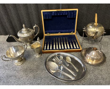 A Selection of silver plate and E.P Wares to include Victorian highly detailed three piece tea service, Canteen box containin