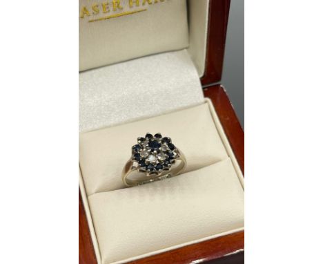 9ct yellow gold, sapphire and diamond cluster ladies ring. [Ring size K] [2.78Grams] 