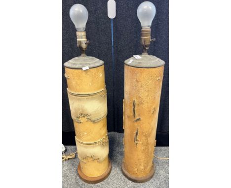 A Pair of antique/ vintage wall paper design cylinder rollers converted to table lamps. [67cm high] 