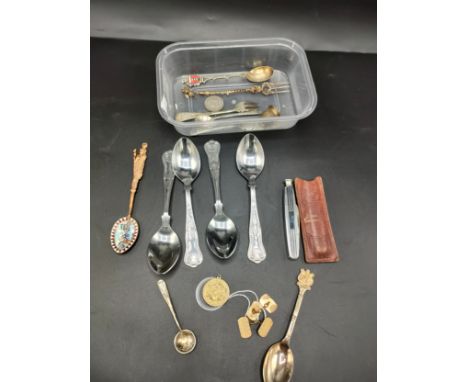 A selection of interesting items includes 12ct gold back &amp; front cufflinks, novelty spoons includes eastern enamel etc 