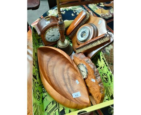 A Box of vintage items to include Committee of London clock, antique school bell, barometer brush set etc