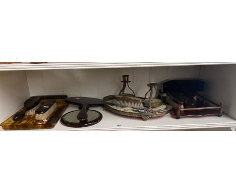 Shelf of dressing table items includes oriental petite point dressing table set, vintage 1900s dressing table sets etc 