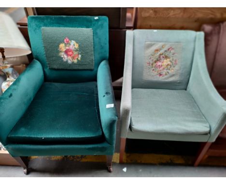 Two Ladies fire side arm chairs with tapestry design backing. 