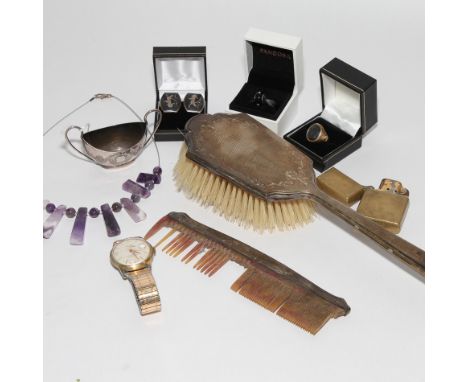 Victorian silver salt, silver backed hair brush and comb, gents vintage wristwatch, 9ct gold seal ring etc. 