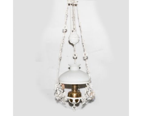 French vintage pendant Famos oil lamp fitting, with weighted mechanism and white shade