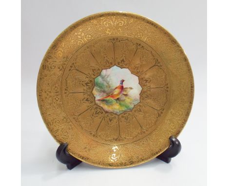 Royal Worcester cabinet plate with gilded edge and hand painted panel to centre depicting a pair of pheasants, signed and pai