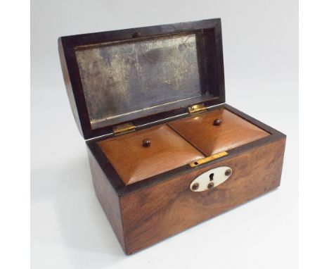 Bone decorated walnut dome topped tea caddy 
