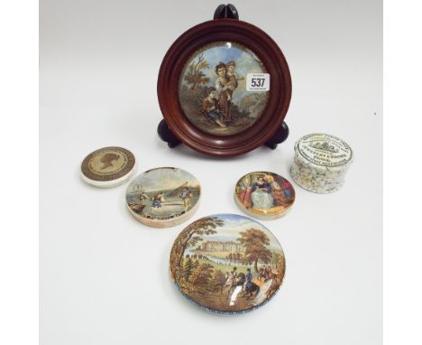 Collection of Prattware pot lids to include shrimping, Pegwell bay, Cherry Toothpaste, Stratfield Saye the Seat of the Duke o
