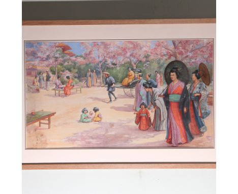 Watercolour by M Dorothy Hardy depicting a Japanese garden scene, 66.5cm x 102cm in a light oak frame and glazed   Condition 
