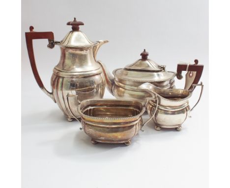 Silver four piece Mappin & Webb tea service of plain form with gadrooned decoration to the edges, on ball feet, Sheffield 195