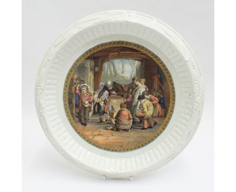 Victorian bread and butter plate decorated with a Prattware scene of a school, after Austin and Mulready, 12.5" diameter  Con