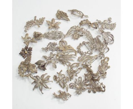 A collection of white metal marcasite set vintage brooches