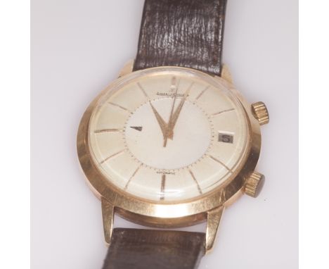 Gents vintage Jaeger le Coultre Memovox automatic alarm wristwatch head with baton markers and date aperture, the case back n