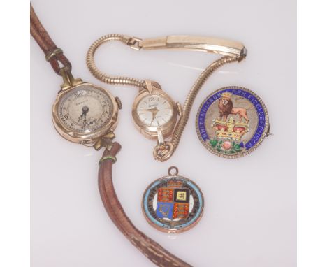 Two ladies vintage 9ct gold watches and two enamelled coins - Queen Victorian sixpence and a George IV shilling