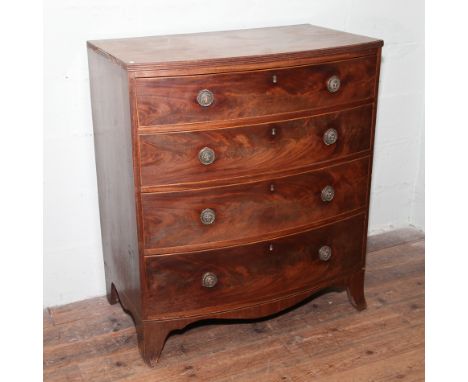 3' Georgian mahogany bow fronted chest of 4 long drawers on splay bracket feet