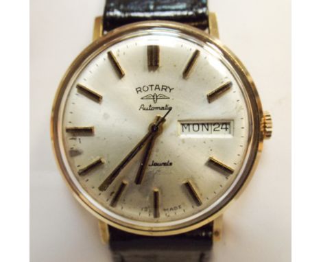 Gents Rotary Day/Date automatic wristwatch in a 9ct yellow gold case, on a black leather strap, with box