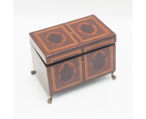 Georgian mahogany tea caddy with satin wood stringing, inlaid with oval oyster veneered panels, traces of old zinc lining ins