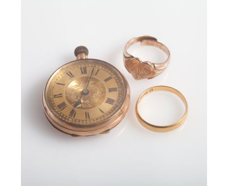 22ct yellow gold wedding band 2.9 grams, gilt metal signet ring and a 9 k yellow gold pocket watch.