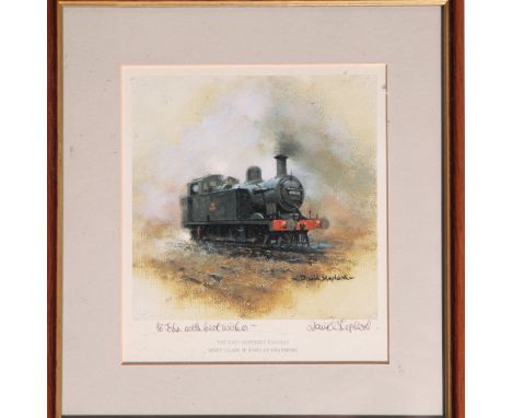 Small coloured print of a steam engine, signed by David Shepherd, 28x26cm in a mahogany frame and glazed 