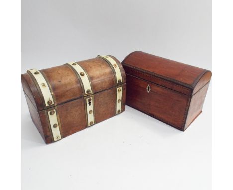 Victorian walnut dome topped bone decorated tea caddy and a stained mahogany caddy 