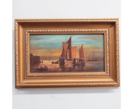 Oil painting on panel signed F.T Stokle ? fishing vessels at sunrise in harbour setting 14 cms x 27 cms in a gilt frame