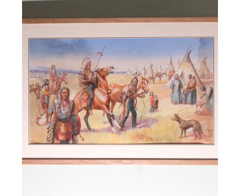 Watercolour by M Dorothy Hardy, depicting Red Indian landscape scene with teepees, 66.5cm x 102cm in light oak frame and glaz
