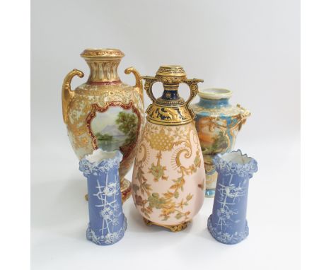 Royal Crown Derby twin handled vase, 26 cms high, two handpainted Noritake vases and a smaller pair of blue Jasperware vases 