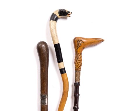 TWO FOLK ART WOODEN CANES, one with painted dog handle, the other the handle in the form of a foot and a plain hardwood stick