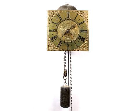 AN 18TH CENTURY HOOP AND SPIKE WALL CLOCK the 9 3/4" square brass dial with Roman chapter ring, lozenge half hour marks, zigz