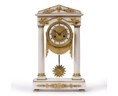 A FRENCH EMPIRE ALABASTER AND ORMOLU PORTICO CLOCK the engine turned dial with white enamel Roman chapter ring, Breguet style