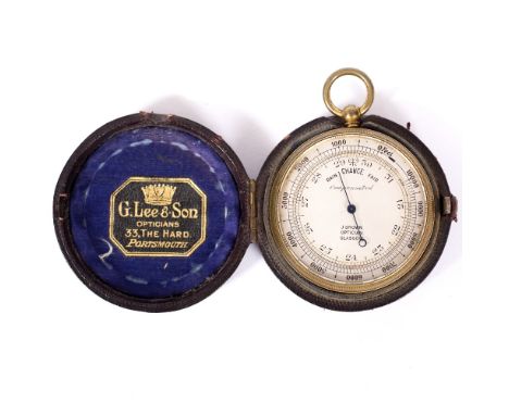 A 19TH CENTURY BRASS POCKET BAROMETER signed J Brown Optician, Glasgow, in outer leather case, 6.5cm diameter