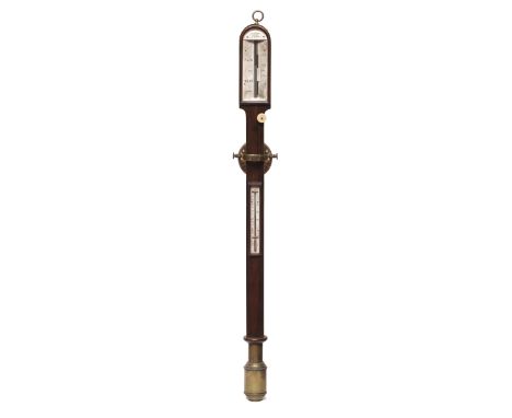 A MID 19TH CENTURY ROSEWOOD MARINE STICK BAROMETER the angled ivory scale with rack and pinion vernier, arched plaque over si