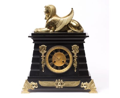 A 19TH CENTURY FRENCH EGYPTIAN REVIVAL MANTEL CLOCK the two piece Roman dial with engine turned centre, twin train 15 day mov