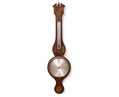 A GEORGE III MAHOGANY WHEEL BAROMETER the 8" silvered dial signed Cox, London with spirit tube thermometer over, the break ar