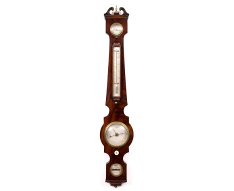 A 19TH CENTURY MAHOGANY FOUR GLASS WHEEL BAROMETER with hygrometer, thermometer, 4.5" dial and level, signed Roncoroni, Basin