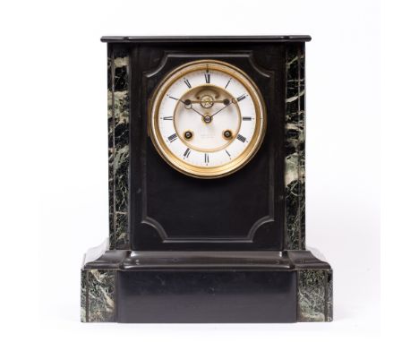 A 19TH CENTURY FRENCH MANTEL CLOCK with two piece white enamel Roman dial with visible escapement and Breguet style hands, si