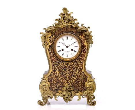 A 19TH CENTURY FRENCH BOULLE MANTEL CLOCK with white enamel Roman dial signed Henry Marc, Paris, the twin train movement with