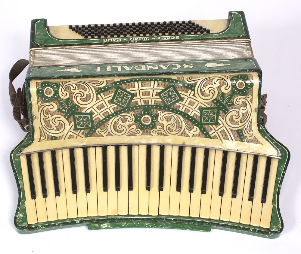 A 1930'S ITALIAN SCANDALLI SCOTT WOOD FOUR VINTAGE ACCORDION with curved  keyboard and green decor