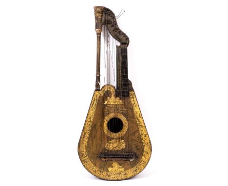 AN EARLY 19TH CENTURY HARP LUTE, the simulated rosewood body with gilt chinoiserie decoration and coat of arms, inscribed 'An