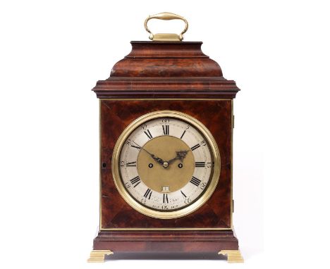 A GEORGE III BURR WALNUT VENEERED TABLE CLOCK the circular brass dial with silvered Roman chapter ring, Arabic five minutes, 