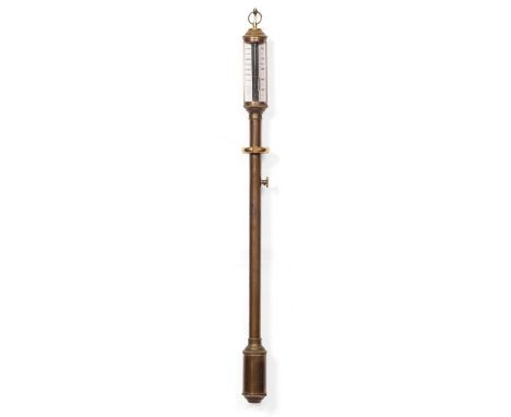 A 20TH CENTURY BRASS MARINE BAROMETER with silvered scale, loop suspension and half gimbal, 93cm high